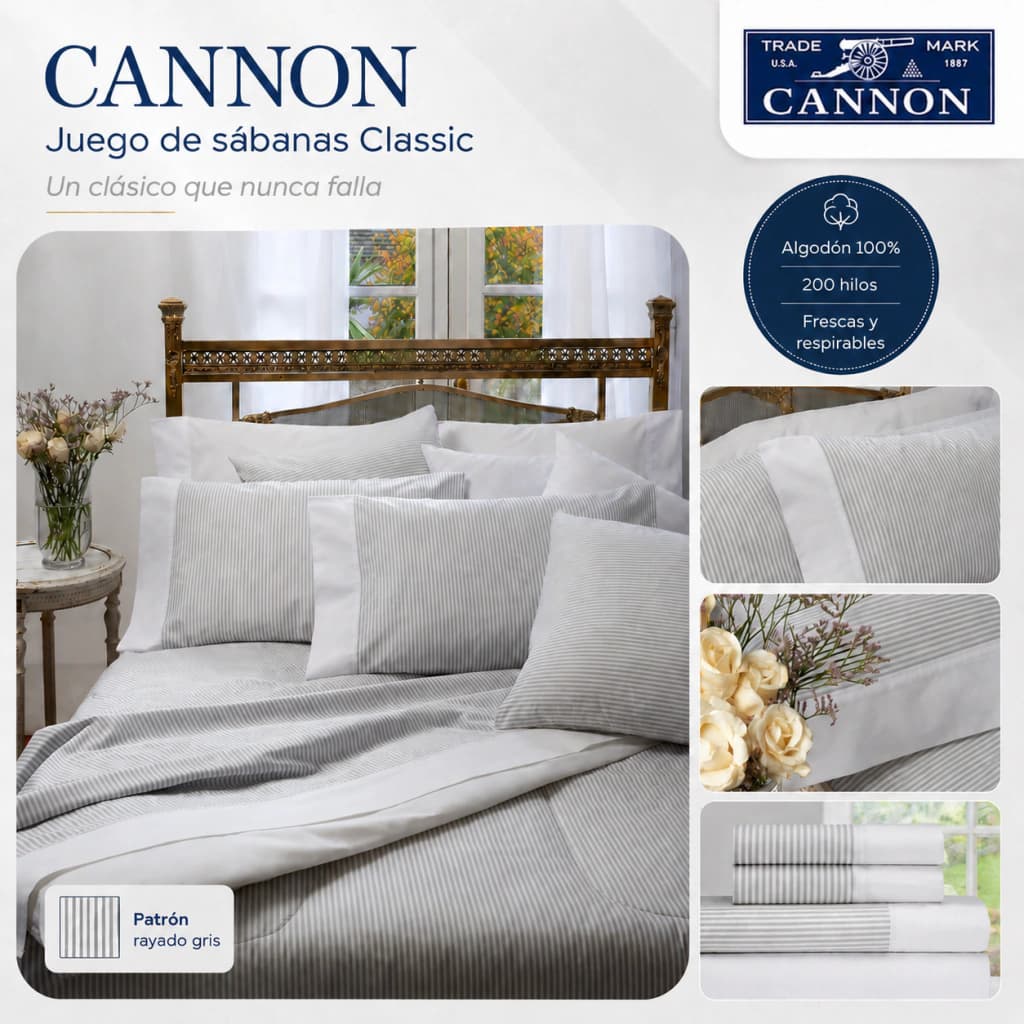 Juego de Sábanas Queen Size 200 Hilos | 100% Algodón Premium | Cannon Classic — Gris Rayado