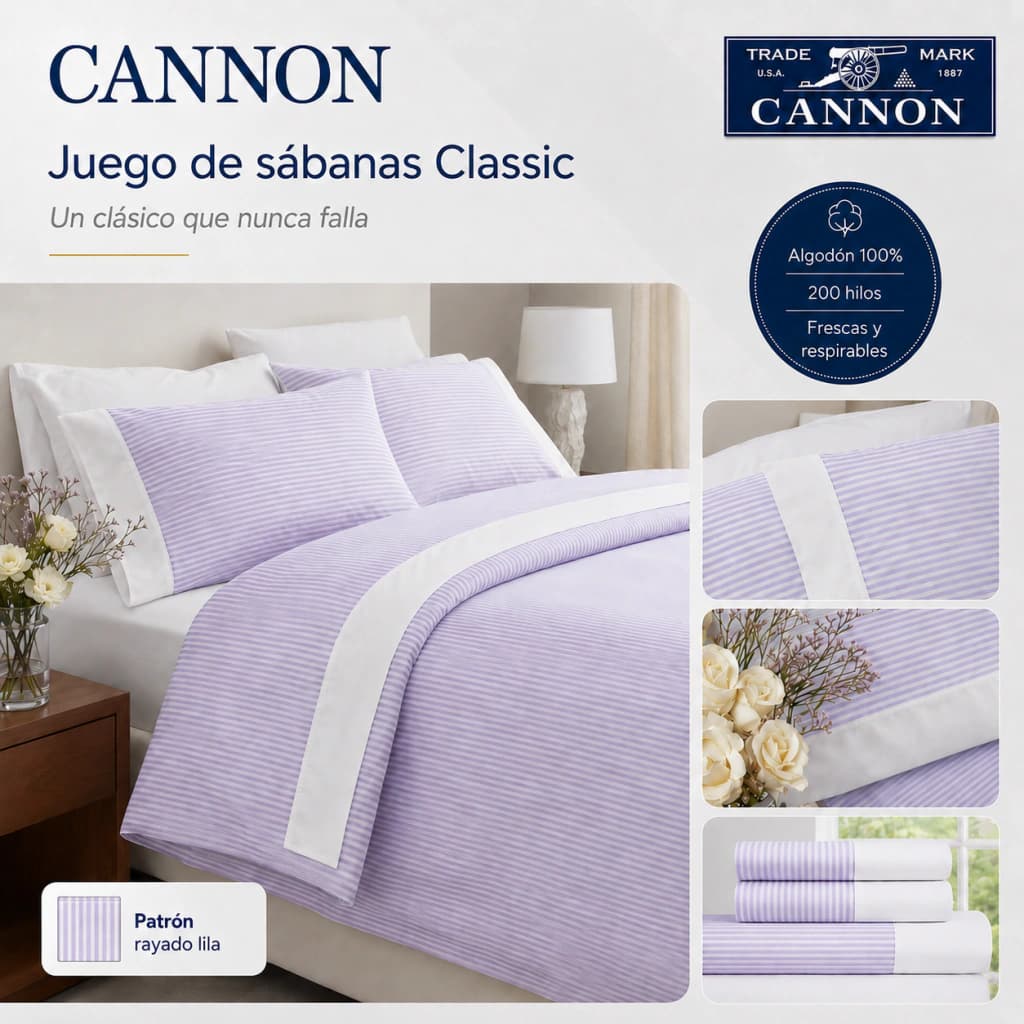 Juego de Sábanas Queen Size 200 Hilos | 100% Algodón Premium | Cannon Classic — Lila Rayado