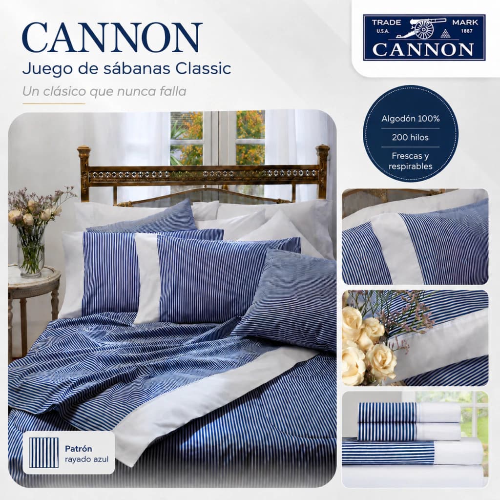 Juego de Sábanas Queen Size 200 Hilos | 100% Algodón Premium | Cannon Classic — Gris Rayado