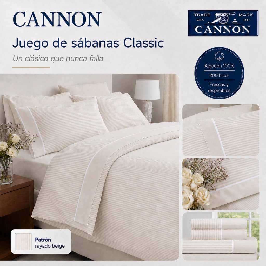 Juego de Sábanas King Size 200 Hilos | 100% Algodón Premium | Cannon Classic — Marron claro Rayado