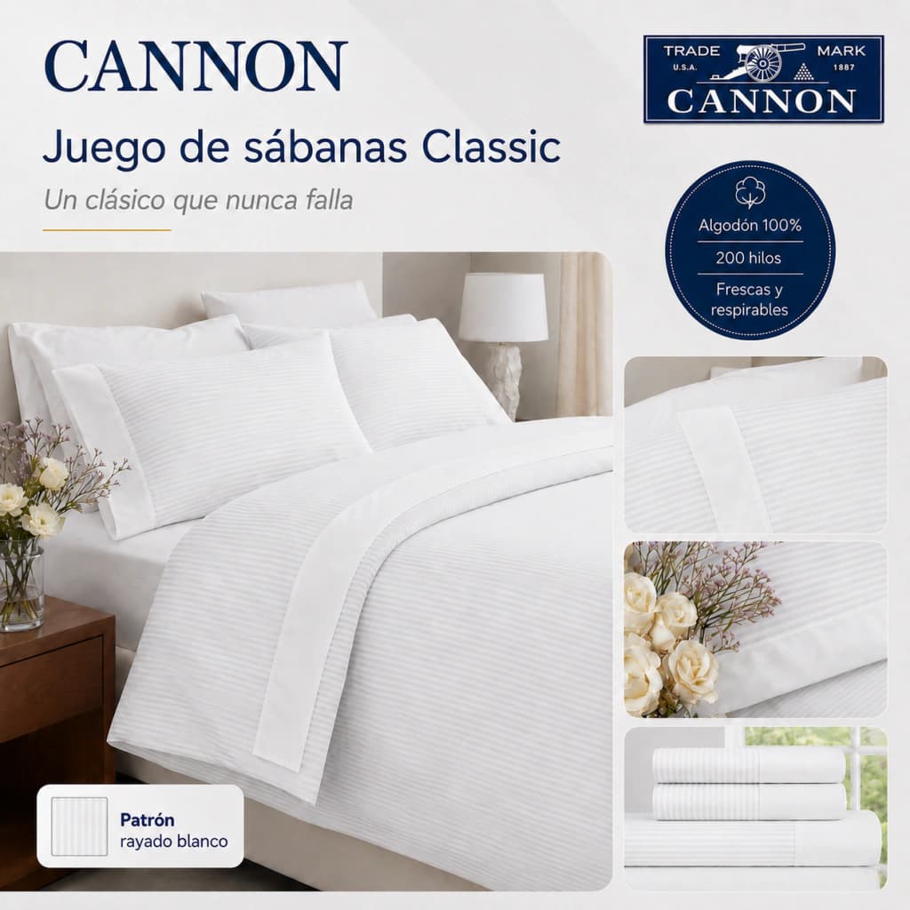 Juego de Sábanas 2 Plazas 200 Hilos | 100% Algodón Premium | Cannon Classic — Blanco Rayado