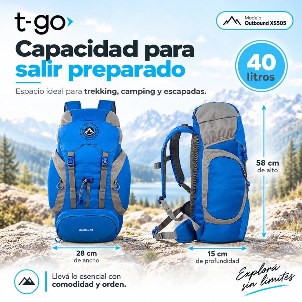 Mochila Mochilera 40L Camping Trekking | Ergonómica, Impermeable y Ultra Cómoda T-GO XS505 — Verde / Turquesa / Liso
