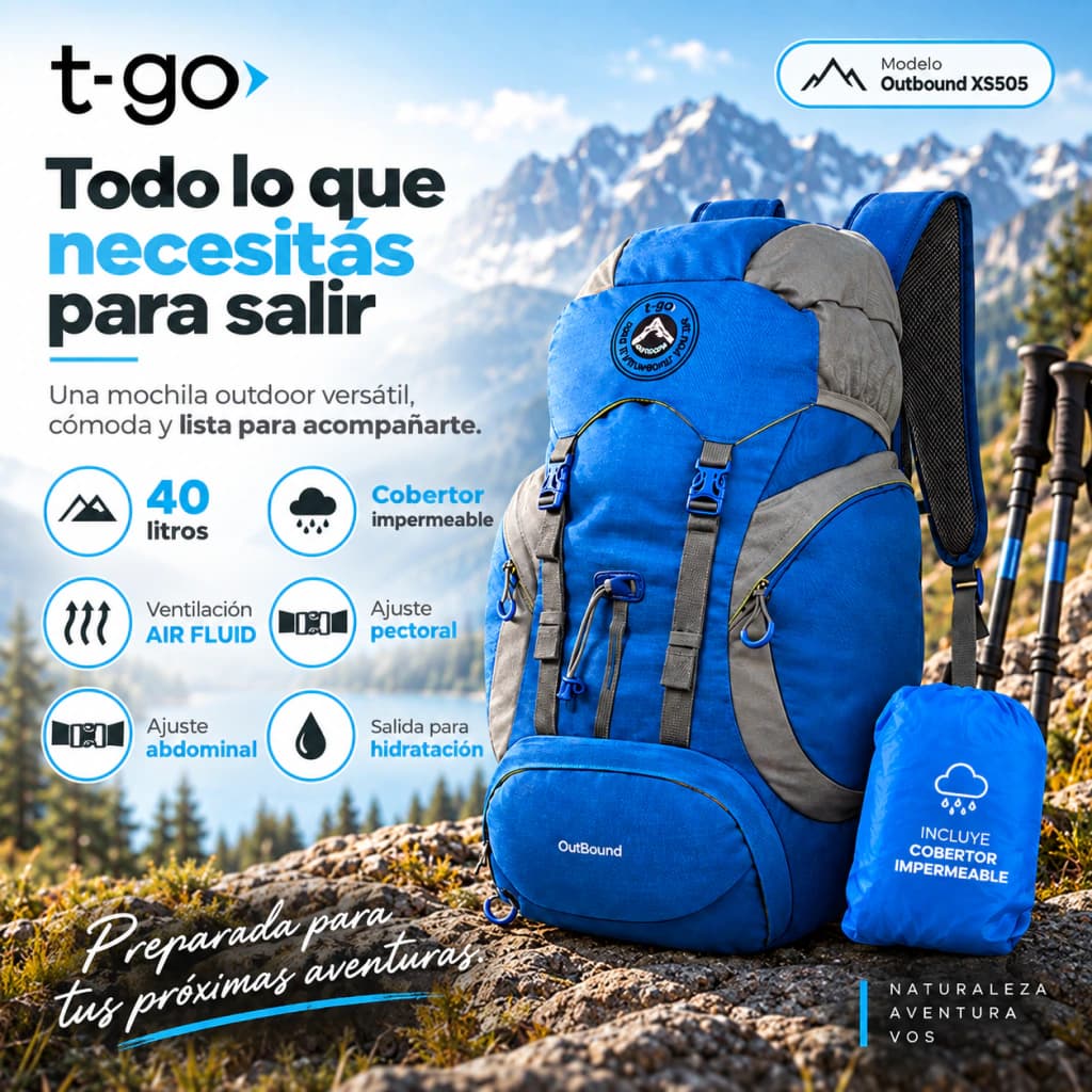 Mochila Mochilera 40L Camping Trekking | Ergonómica, Impermeable y Ultra Cómoda T-GO XS505 — Verde / Turquesa / Liso