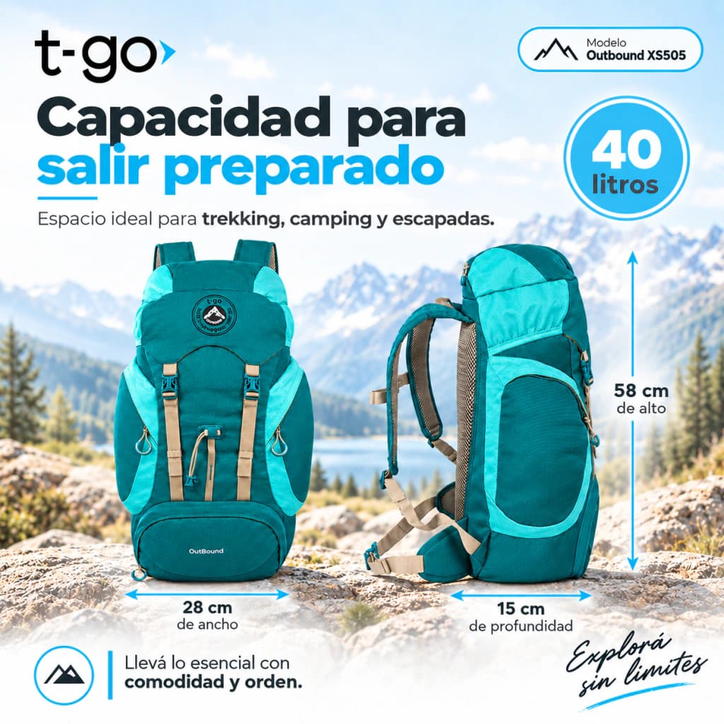 Mochila Mochilera 40L Camping Trekking | Ergonómica, Impermeable y Ultra Cómoda T-GO XS505 — Verde / Turquesa / Liso