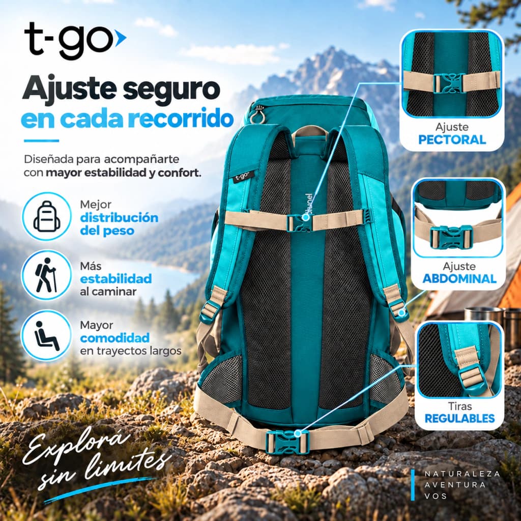 Mochila Mochilera 40L Camping Trekking | Ergonómica, Impermeable y Ultra Cómoda T-GO XS505 — Verde / Turquesa / Liso