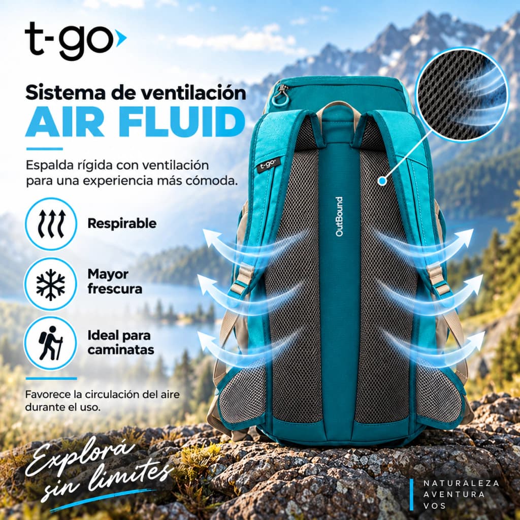 Mochila Mochilera 40L Camping Trekking | Ergonómica, Impermeable y Ultra Cómoda T-GO XS505 — Verde / Turquesa / Liso