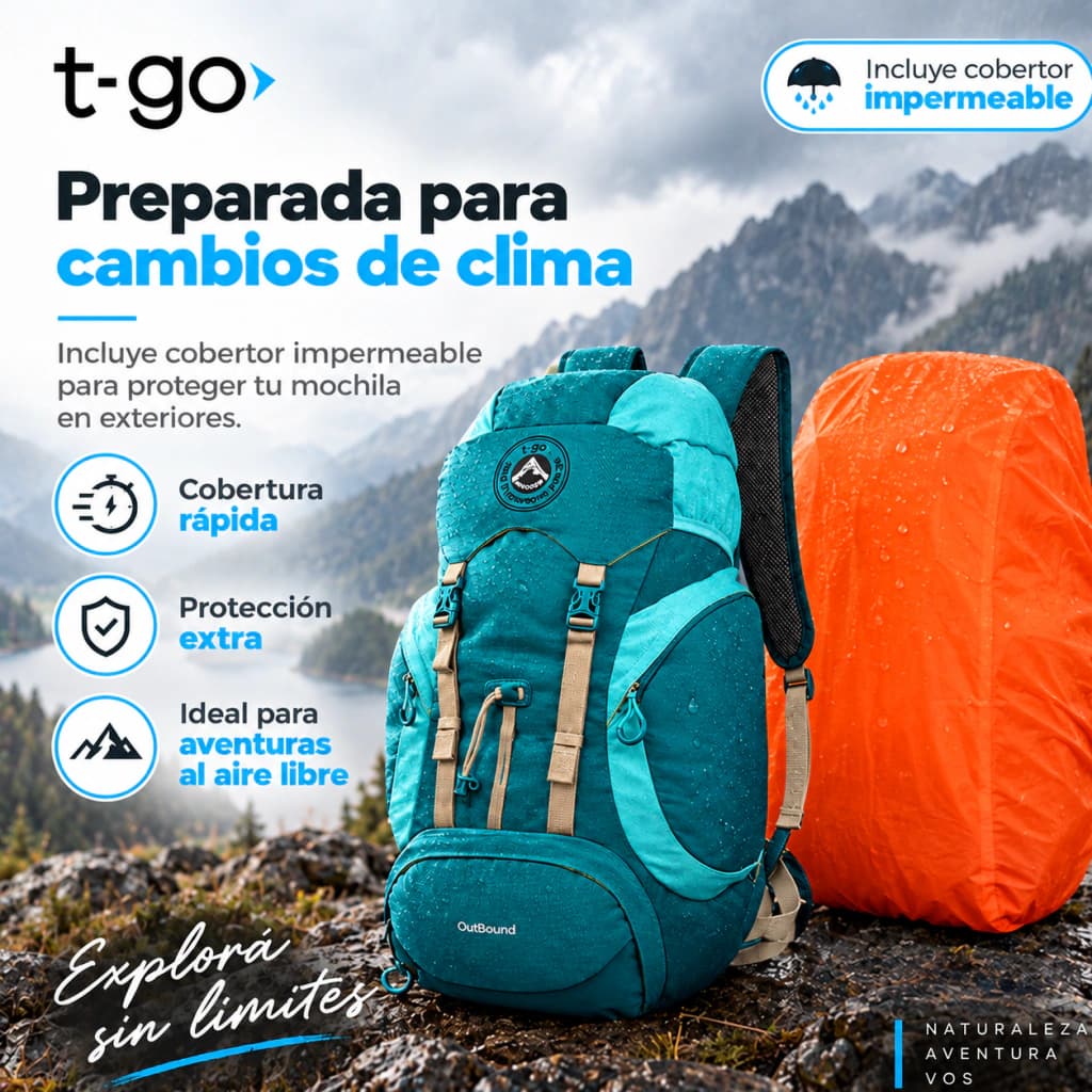 Mochila Mochilera 40L Camping Trekking | Ergonómica, Impermeable y Ultra Cómoda T-GO XS505 — Verde / Turquesa / Liso