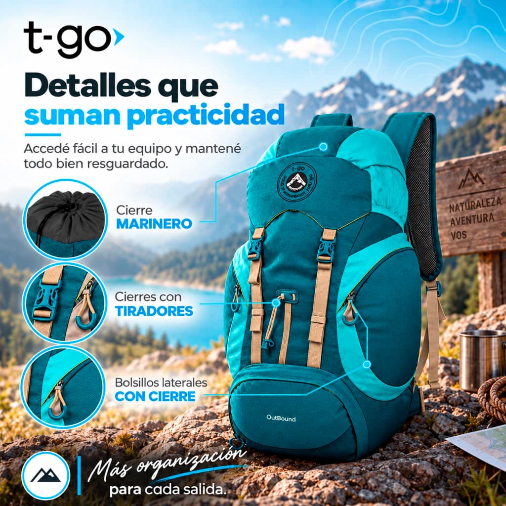 Mochila Mochilera 40L Camping Trekking | Ergonómica, Impermeable y Ultra Cómoda T-GO XS505 — Verde / Turquesa / Liso