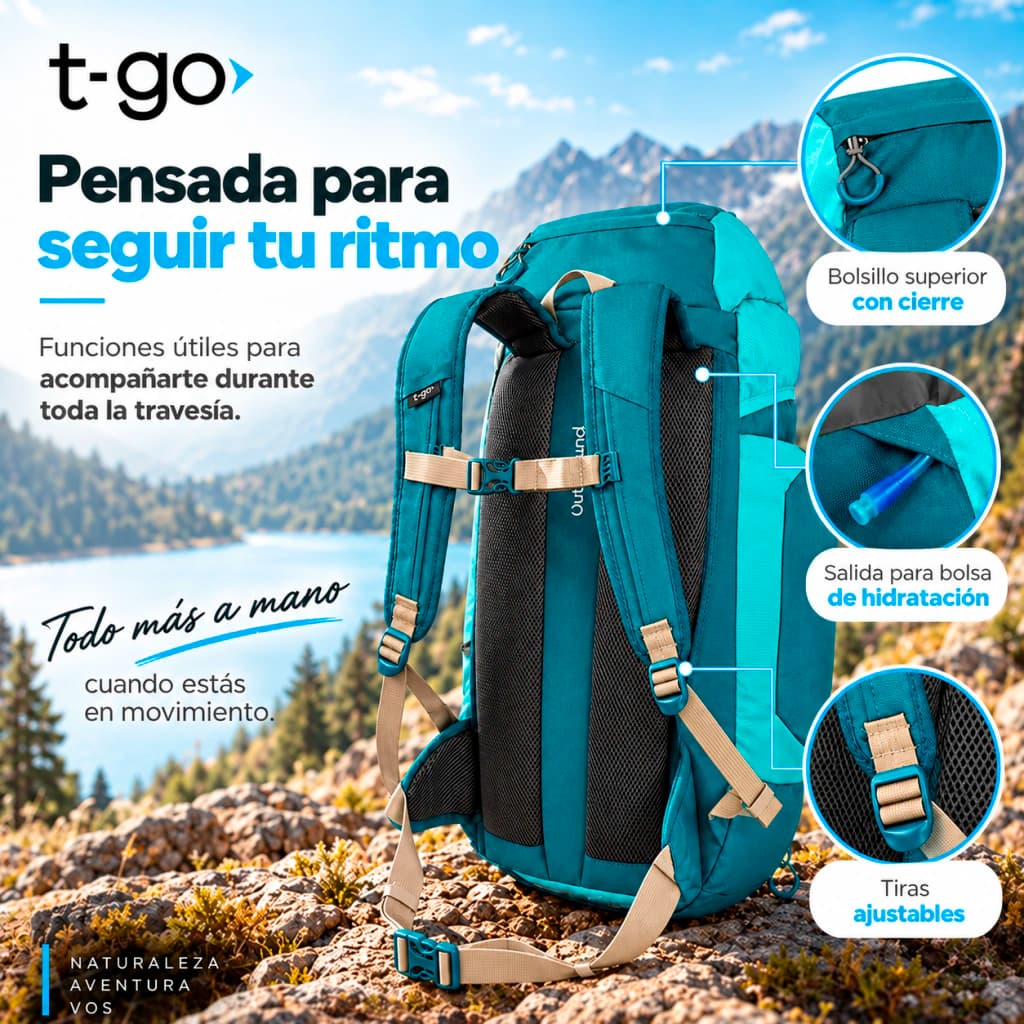 Mochila Mochilera 40L Camping Trekking | Ergonómica, Impermeable y Ultra Cómoda T-GO XS505 — Verde / Turquesa / Liso