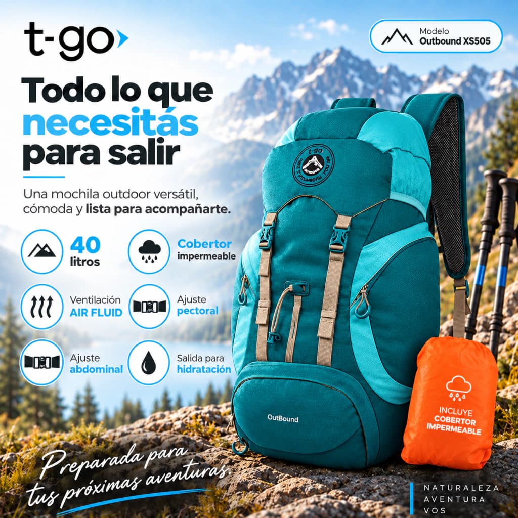 Mochila Mochilera 40L Camping Trekking | Ergonómica, Impermeable y Ultra Cómoda T-GO XS505 — Verde / Turquesa / Liso