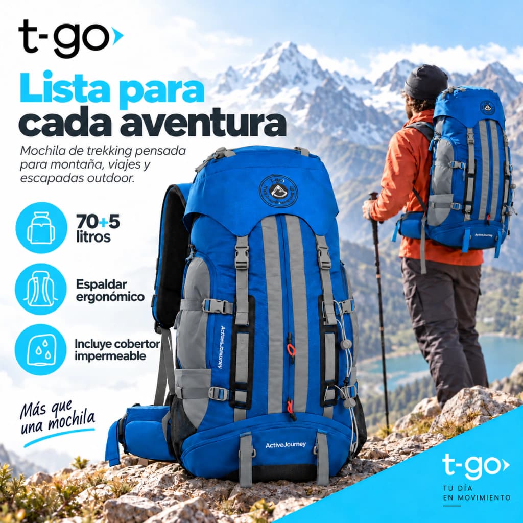 Mochila Trekking T-Go Active Journey 70+5 L Sistema EasyFit y Cobertor — Turquesa / Liso