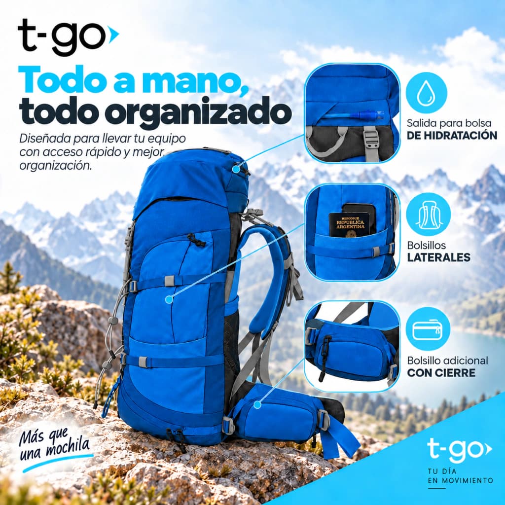 Mochila Trekking T-Go Active Journey 70+5 L Sistema EasyFit y Cobertor — Turquesa / Liso