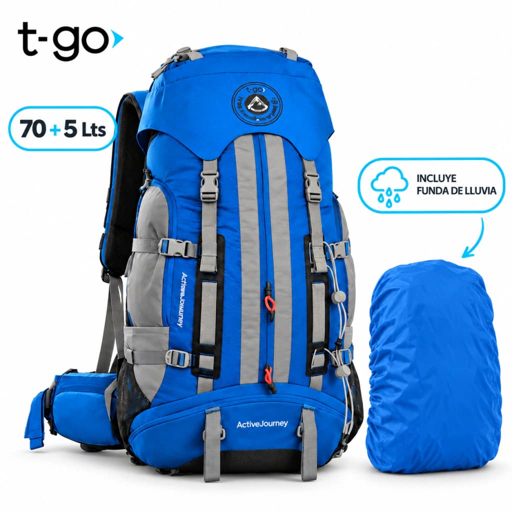Mochila Trekking T-Go Active Journey 70+5 L Sistema EasyFit y Cobertor — Azul / Liso