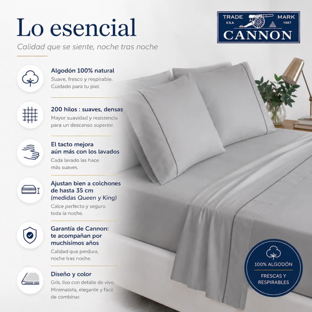 Juego de Sábanas 2 Plazas 200 Hilos | 100% Algodón Premium | Cannon Colors — Gris
