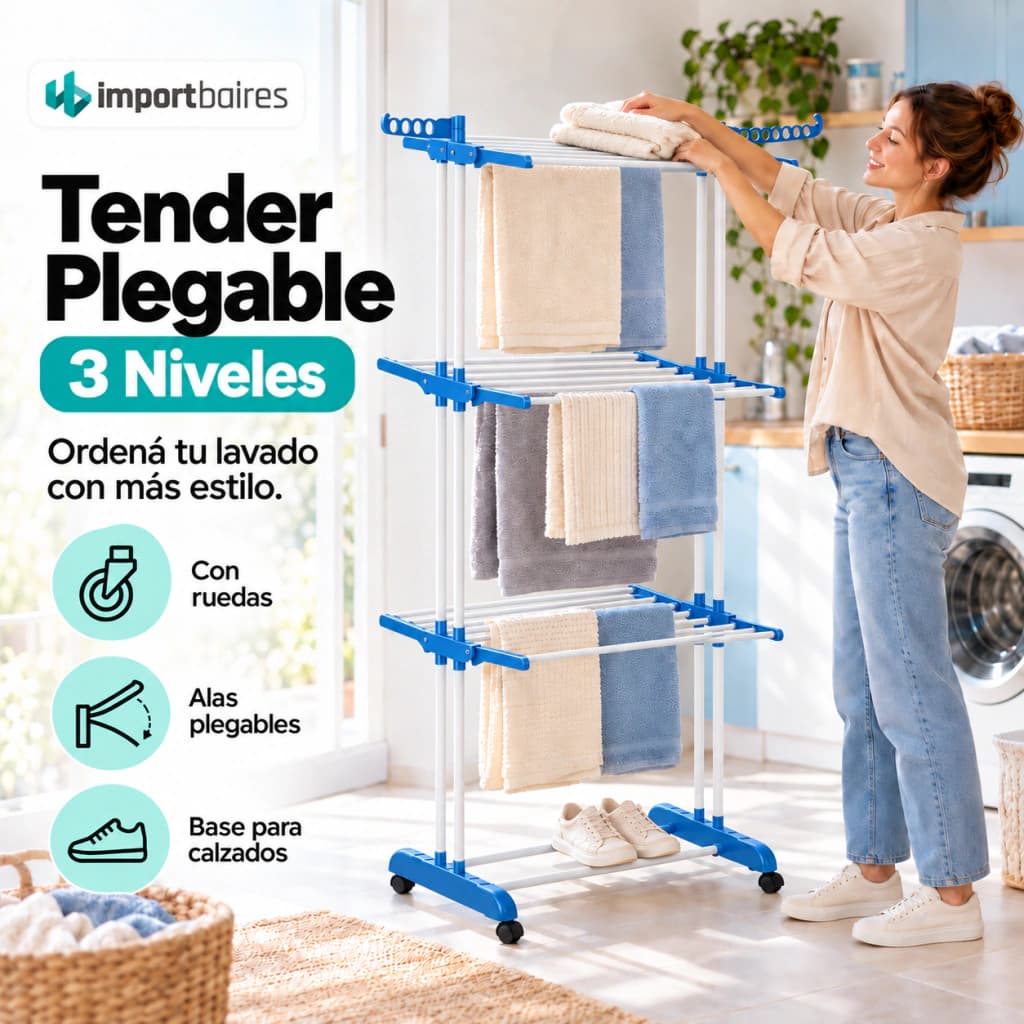 Tender Vertical Plegable 3 Niveles | Móvil con Ruedas y Alas | Linea Simple Home — Blanco y Azul