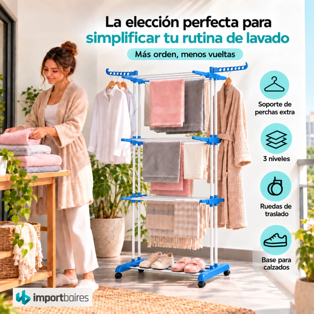 Tender Vertical Plegable 3 Niveles | Móvil con Ruedas y Alas | Linea Simple Home — Blanco y Azul