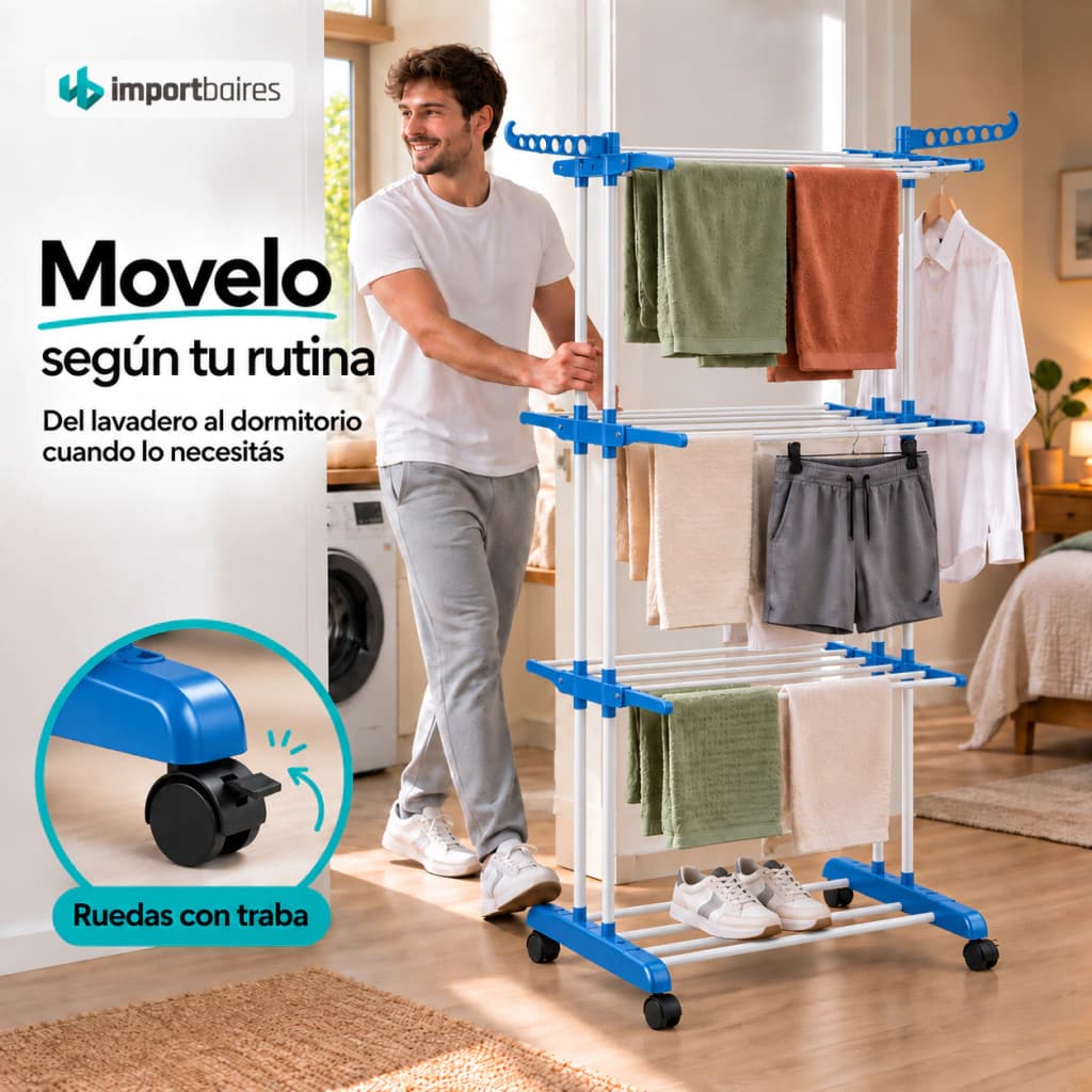 Tender Vertical Plegable 3 Niveles | Móvil con Ruedas y Alas | Linea Simple Home — Blanco y Azul