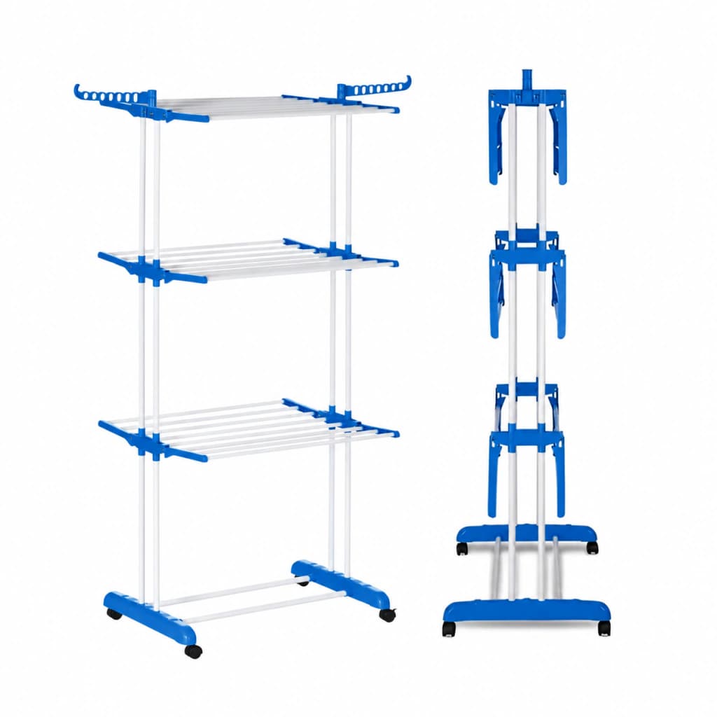 Tender Vertical Plegable 3 Niveles | Móvil con Ruedas y Alas | Linea Simple Home — Blanco y Azul