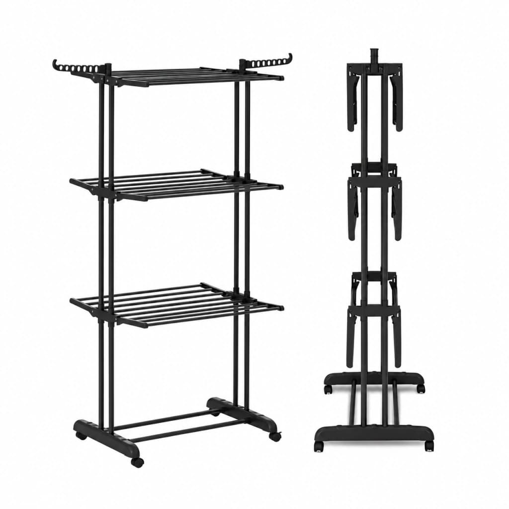 Tender Vertical Plegable 3 Niveles | Móvil con Ruedas y Alas | Linea Simple Home — Negro