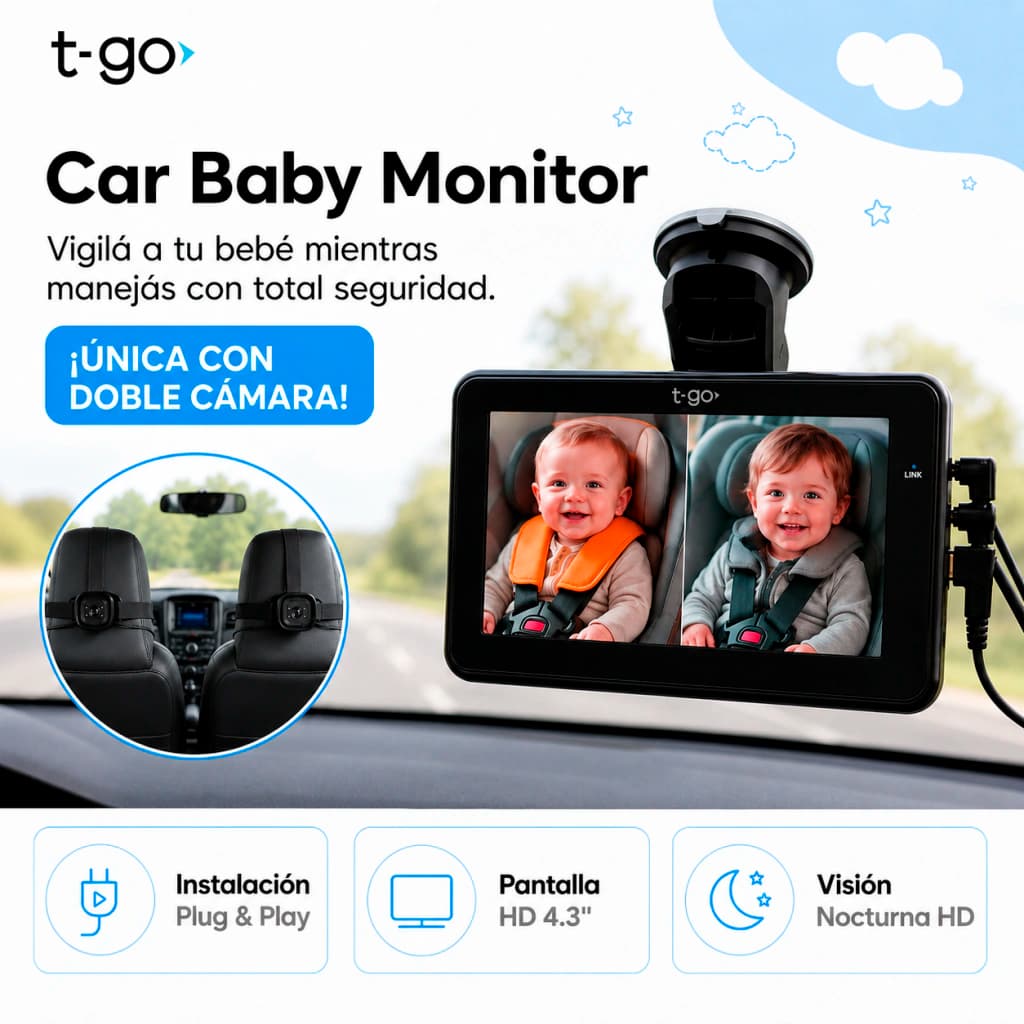 Monitor Doble Cámara Bebé Auto HD + Memoria 32GB | 360°