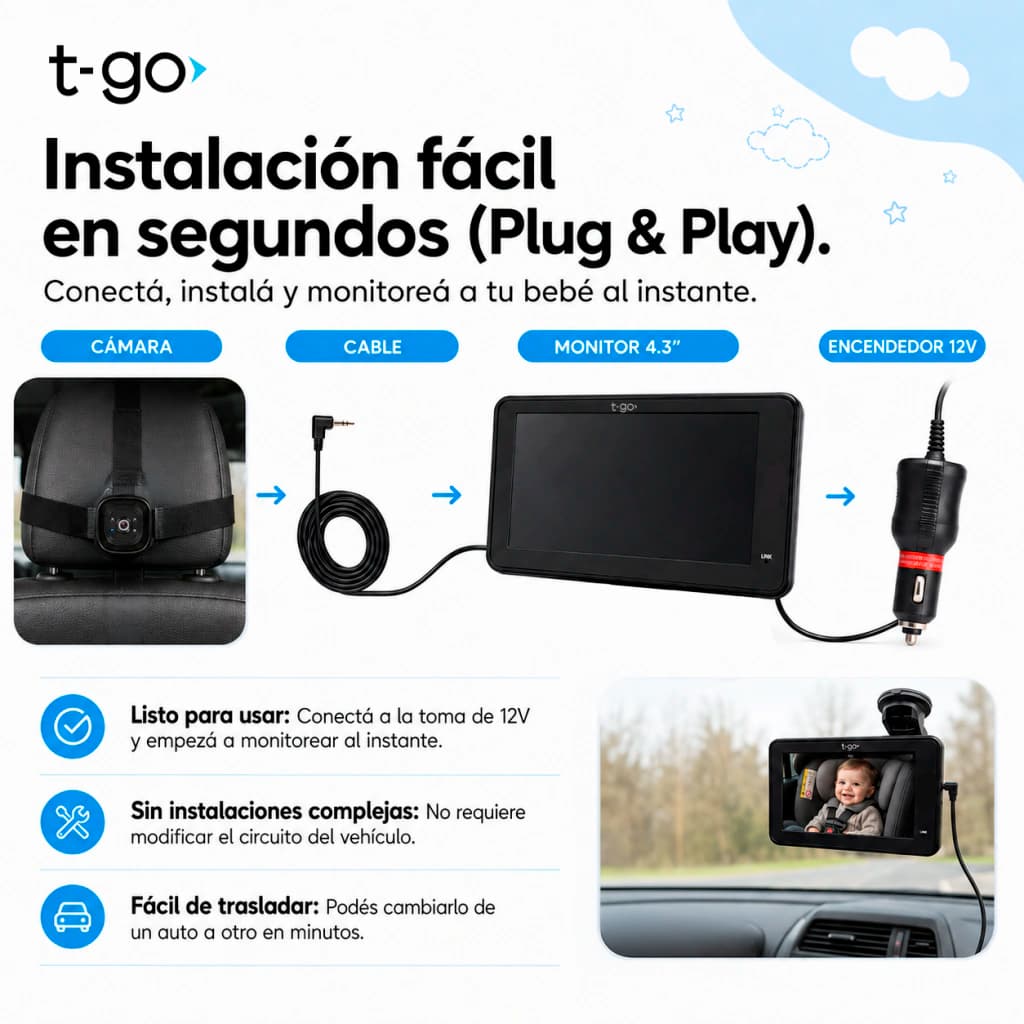 Monitor Doble Cámara Bebé Auto HD + Memoria 32GB | 360°