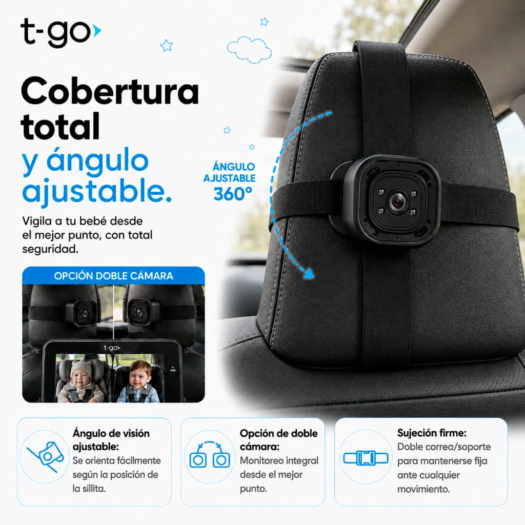 Monitor Doble Cámara Bebé Auto HD + Memoria 32GB | 360°