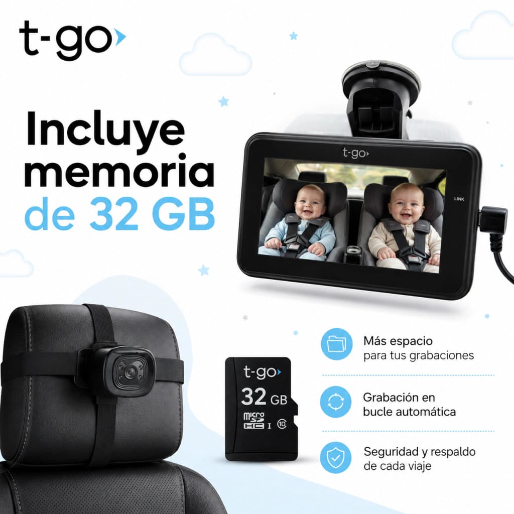 Monitor Doble Cámara Bebé Auto HD + Memoria 32GB | 360°