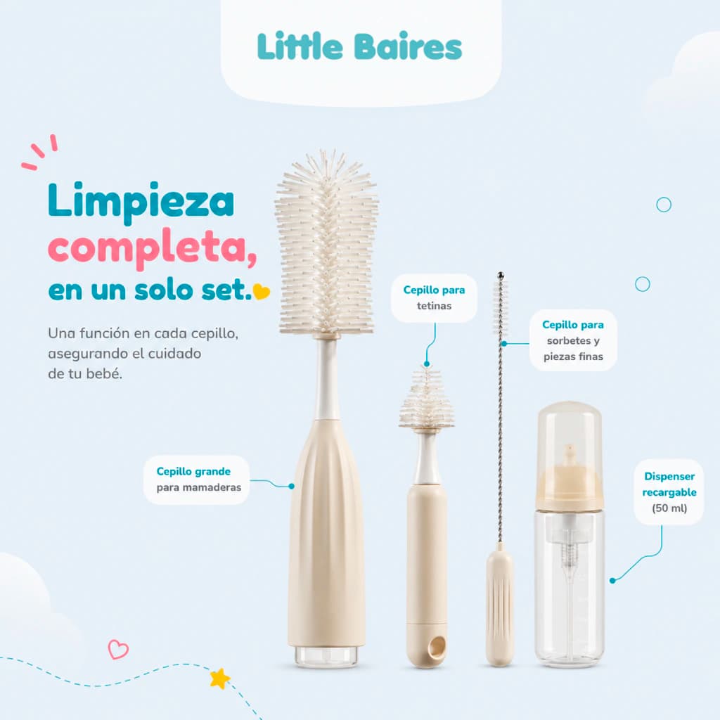 Set Limpia Mamaderas 4 en 1 con Dispenser | Silicona BPA Free
