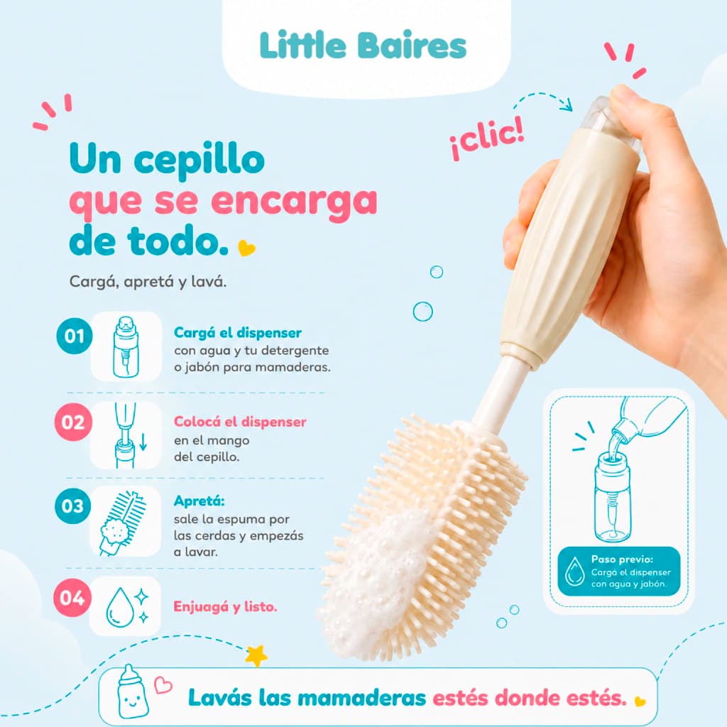 Set Limpia Mamaderas 4 en 1 con Dispenser | Silicona BPA Free
