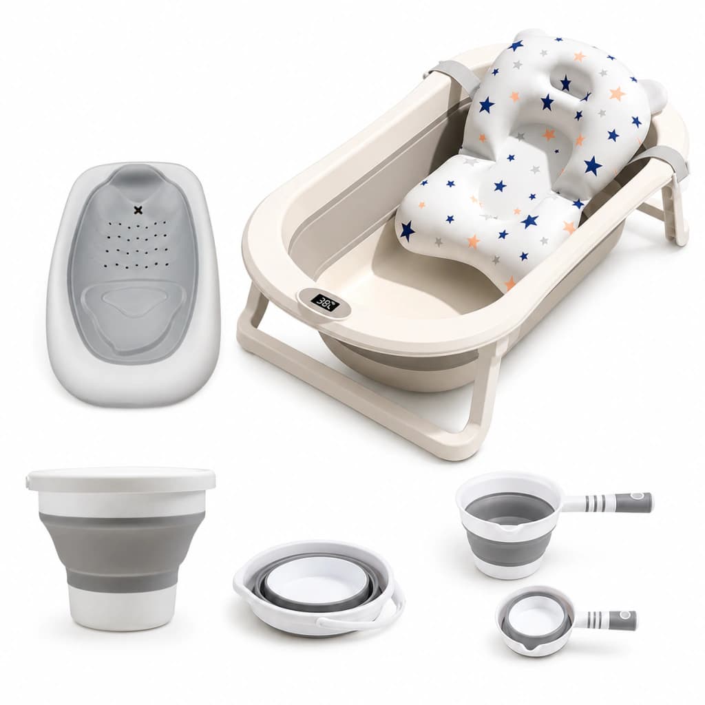 Kit Bañera Plegable XL con Termómetro y Accesorios | 5 en 1 — Gris