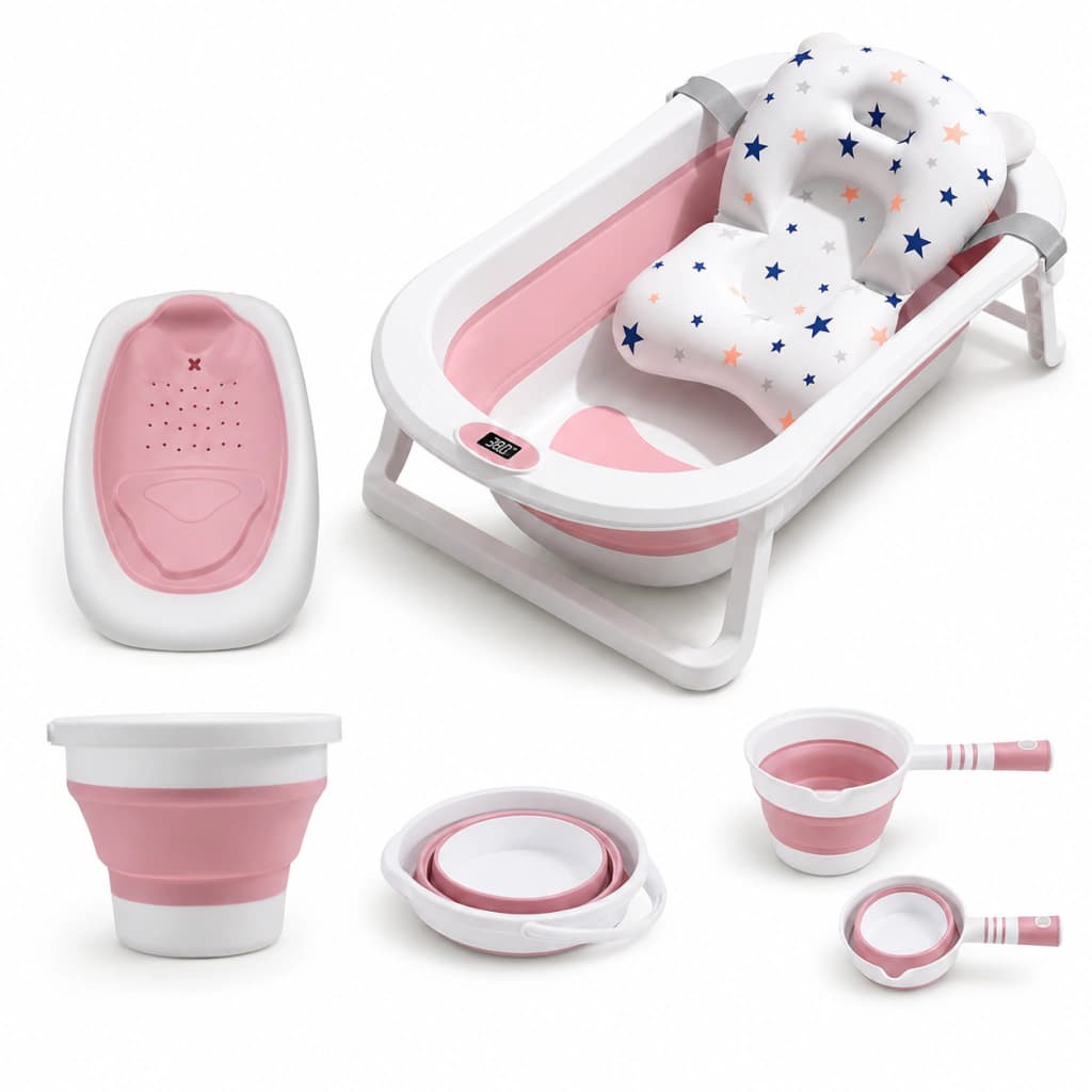Kit Bañera Plegable XL con Termómetro y Accesorios | 5 en 1 — Rosa