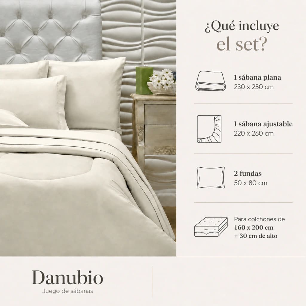 Juego de Sábanas Danubio 100% Algodón Queen Size | 144 Hilos — Blanco