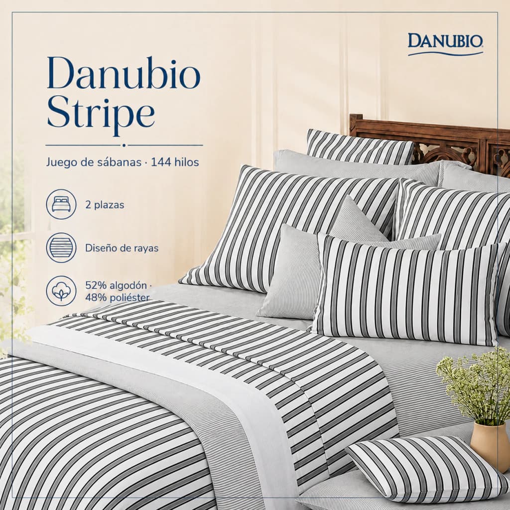 Juego de Sábanas Danubio Stripes Tamaño Full | 144 Hilos — Riley Black A809