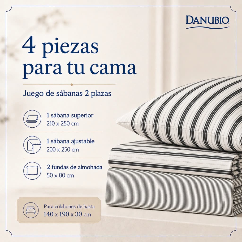 Juego de Sábanas Danubio Stripes Tamaño Full | 144 Hilos — Riley Black A809