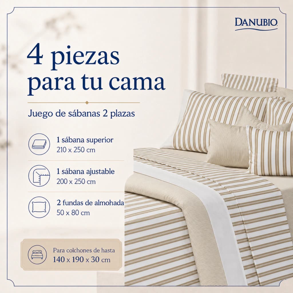 Juego de Sábanas Danubio Stripes Tamaño Full | 144 Hilos — Riley Ecru A810