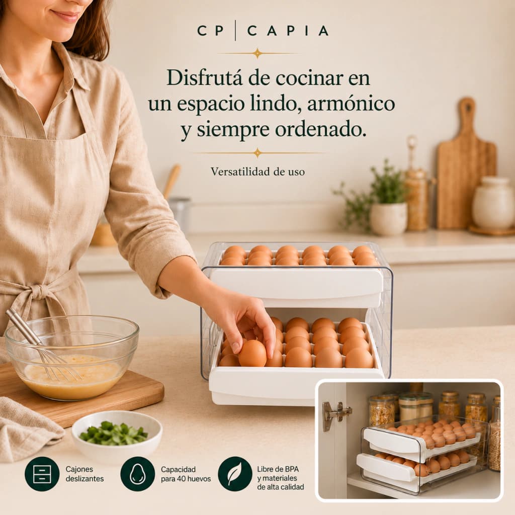 Huevera Organizadora Heladera Doble Cajón Deslizante Capia x40 Huevos