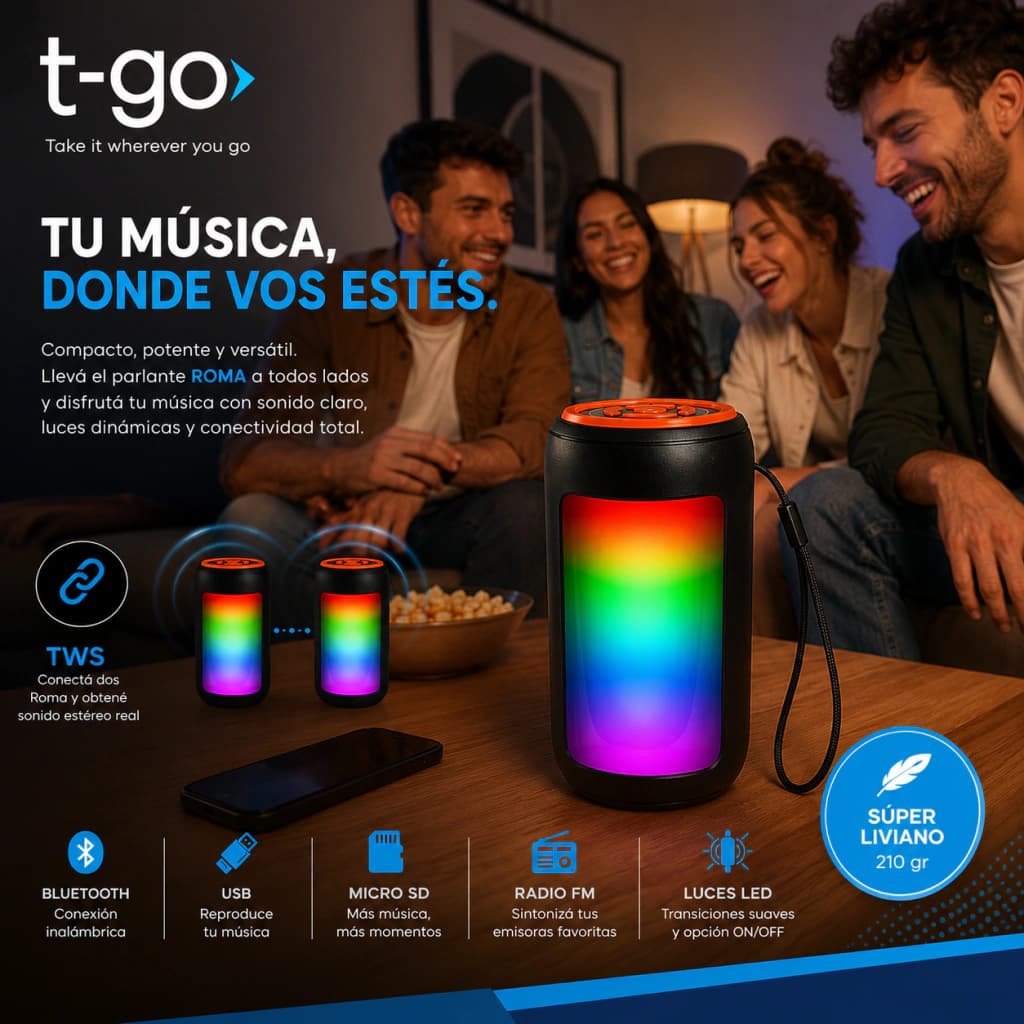 Parlante Bluetooth Portátil T-Go Roma SP0210 con Luces LED y Radio FM