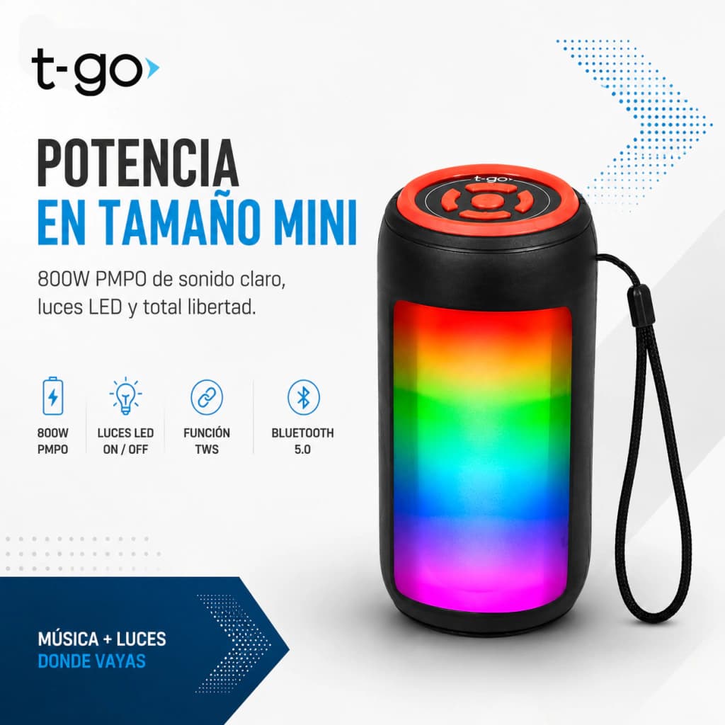 Parlante Bluetooth Portátil T-Go Roma SP0210 con Luces LED y Radio FM