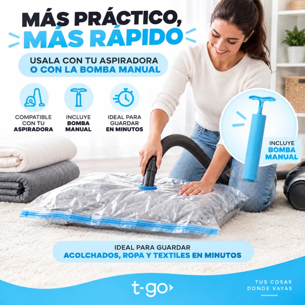 Combo De Bolsas Al Vacío Set X 15 Unid 60 X 80 Valija Ropa Mediana Y Grande + Bomba