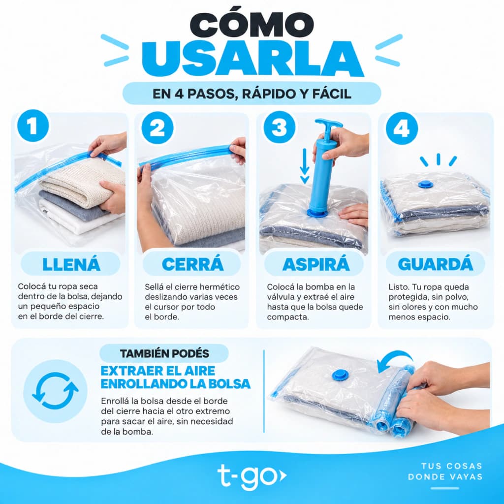 Combo de Bolsas Al Vacío 5 unid 50x70 + 5 unid 60x80 + 5 unid 80x90 Valija Ropa Acolchado Viaje + Bomba Desinfladora