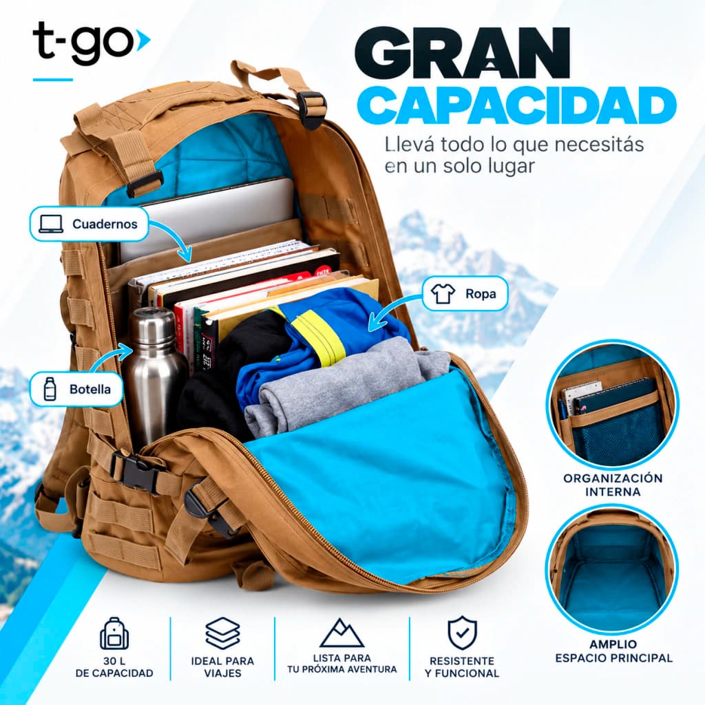 Mochila Táctica Militar 30L T-GO con Parlante Bluetooth Gratis — Camel