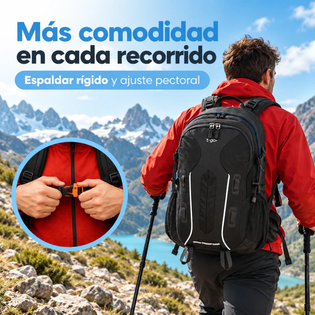 Mochila T-Go 40 L Trekking con Cobertor de Lluvia y Silbato de Emergencia + Parlante Tech de regalo
