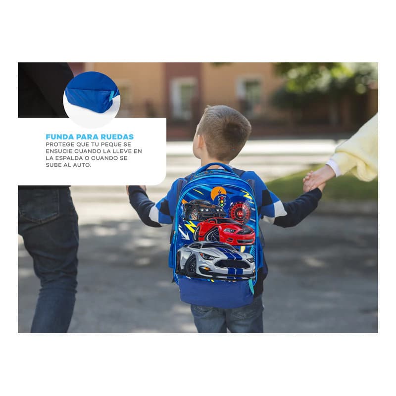 Set Mochila Carrito + Lunchera + Cartuchera Escolar — Azul Autos / Liso