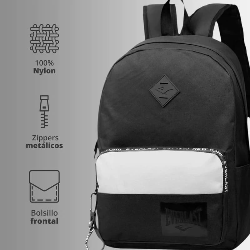 Mochila Everlast Urbana Porta Notebook 15,6" — 20 L, Nylon, 4 Bolsillos — Negro con gris / Liso