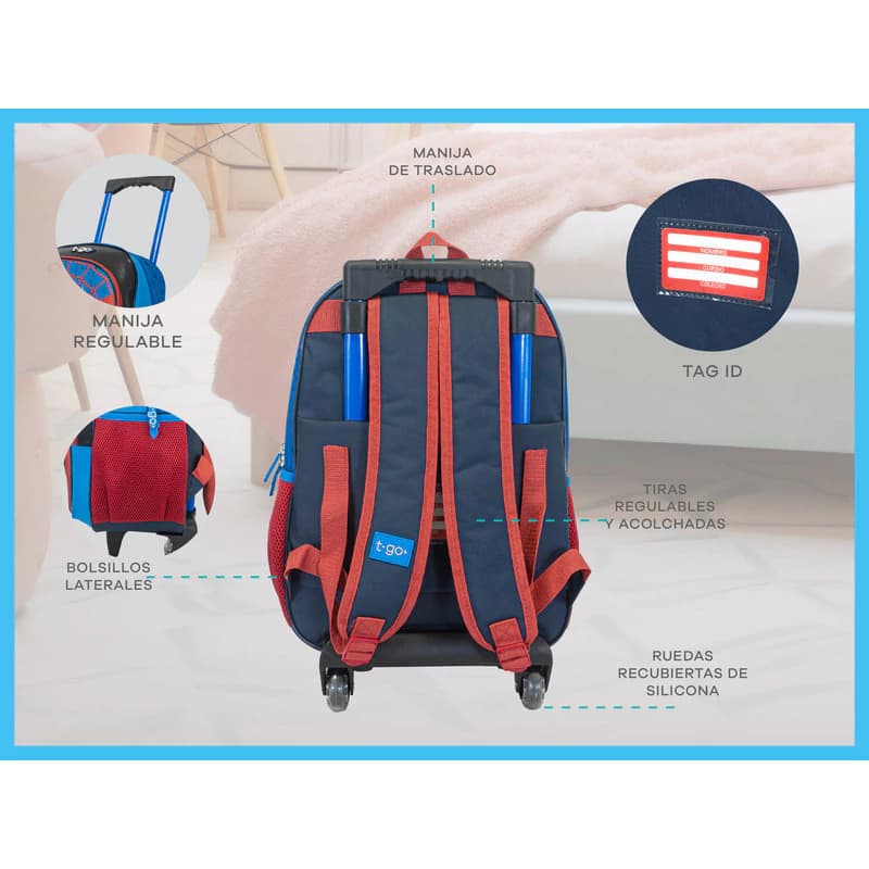 Mochila Carrito Escolar con Cartuchera T-Go diseño 3D niños 24L — Azul araña / Liso