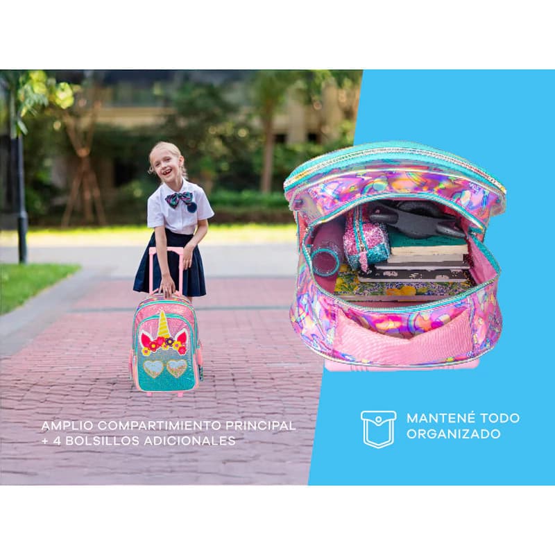 Kit Escolar Mochila 18" + Cartuchera | T-go — Fucsia / Unicornio