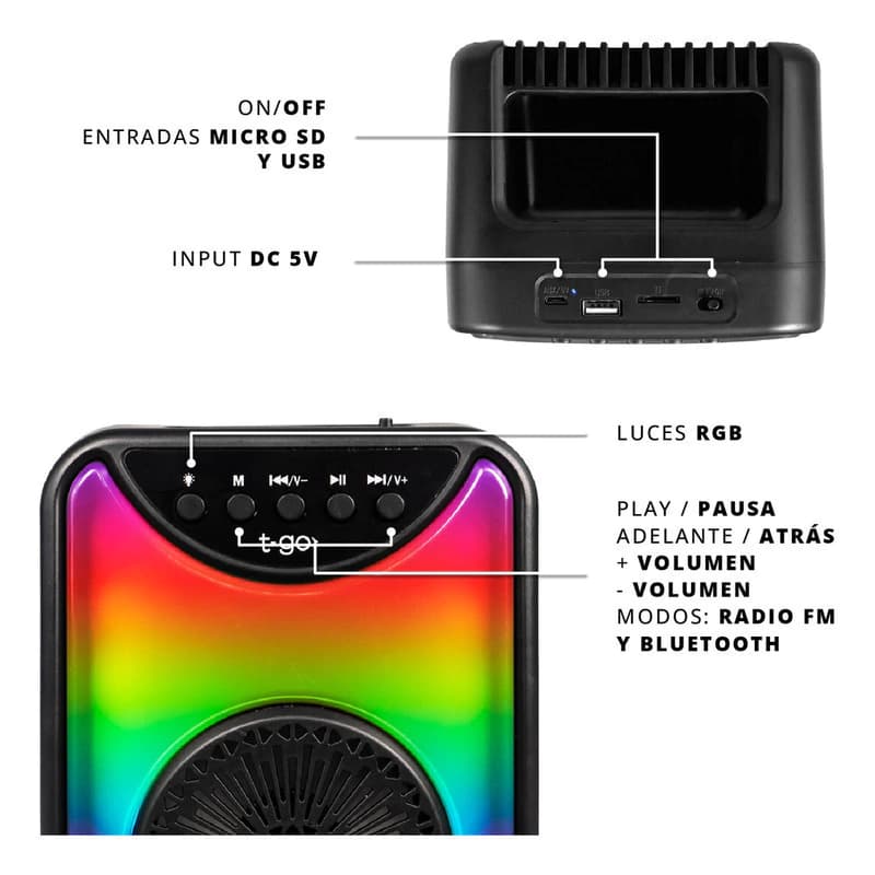 Parlante Bluetooth T-Go Berlín con Luces RGB y Radio FM — Portátil 4"