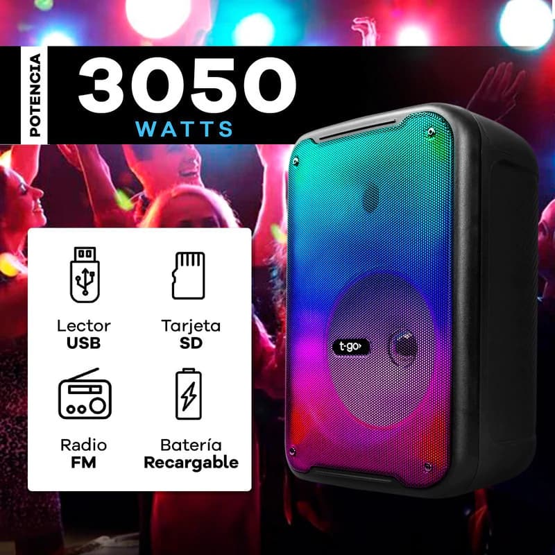 Parlante Portátil T-Go 8" Bluetooth con Micrófono, Luces LED y Radio FM – Karaoke incluido