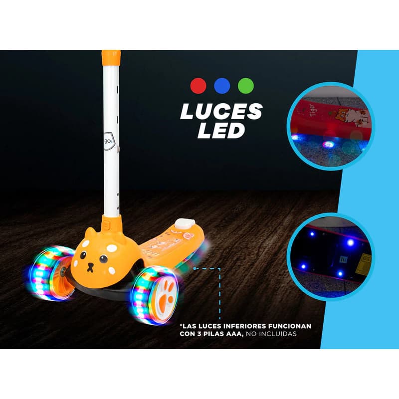 Monopatín Infantil con Luces LED T-Go Perrito — Altura Regulable 3 Ruedas