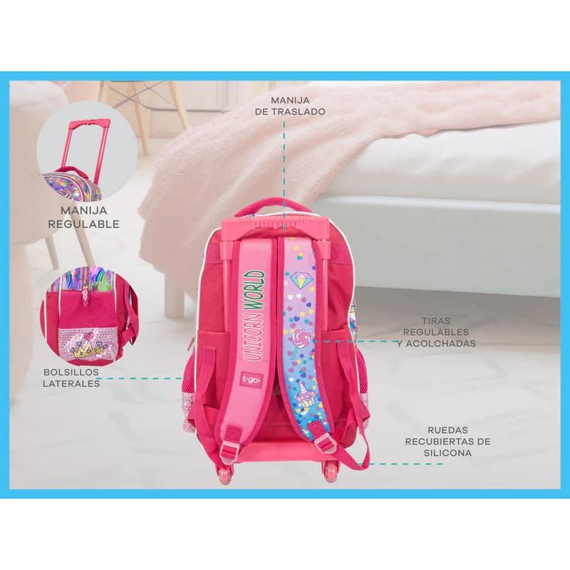 Mochila Carrito Nena Niña Escolar Kawaii Primaria Jardín — Rosa / Unicornio con peluche